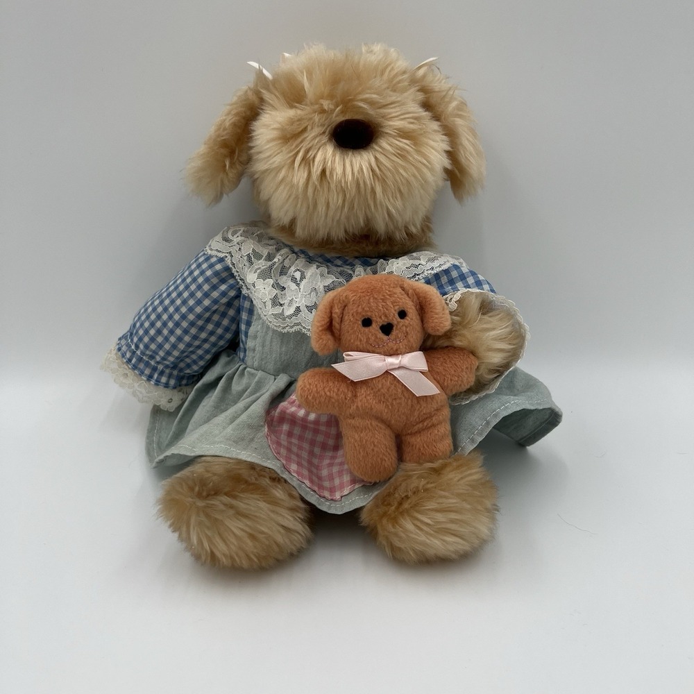 Vintage 1994 Ganz My Best Friend Tan Shaggy Dog Plush Gingham Lace 14" H1536‎